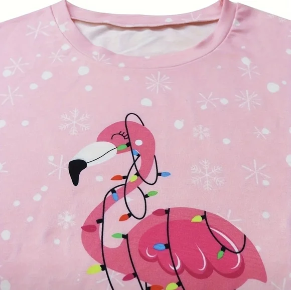 Holiday Lights Flamingo Print Long Sleeve Pullover Tee Sweater lightweight - Picture 5 of 7